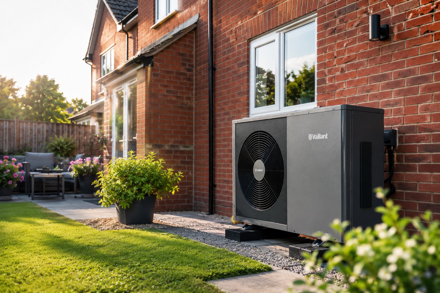 Air source heat pump outdoor unit installed beside a UK home in winter
