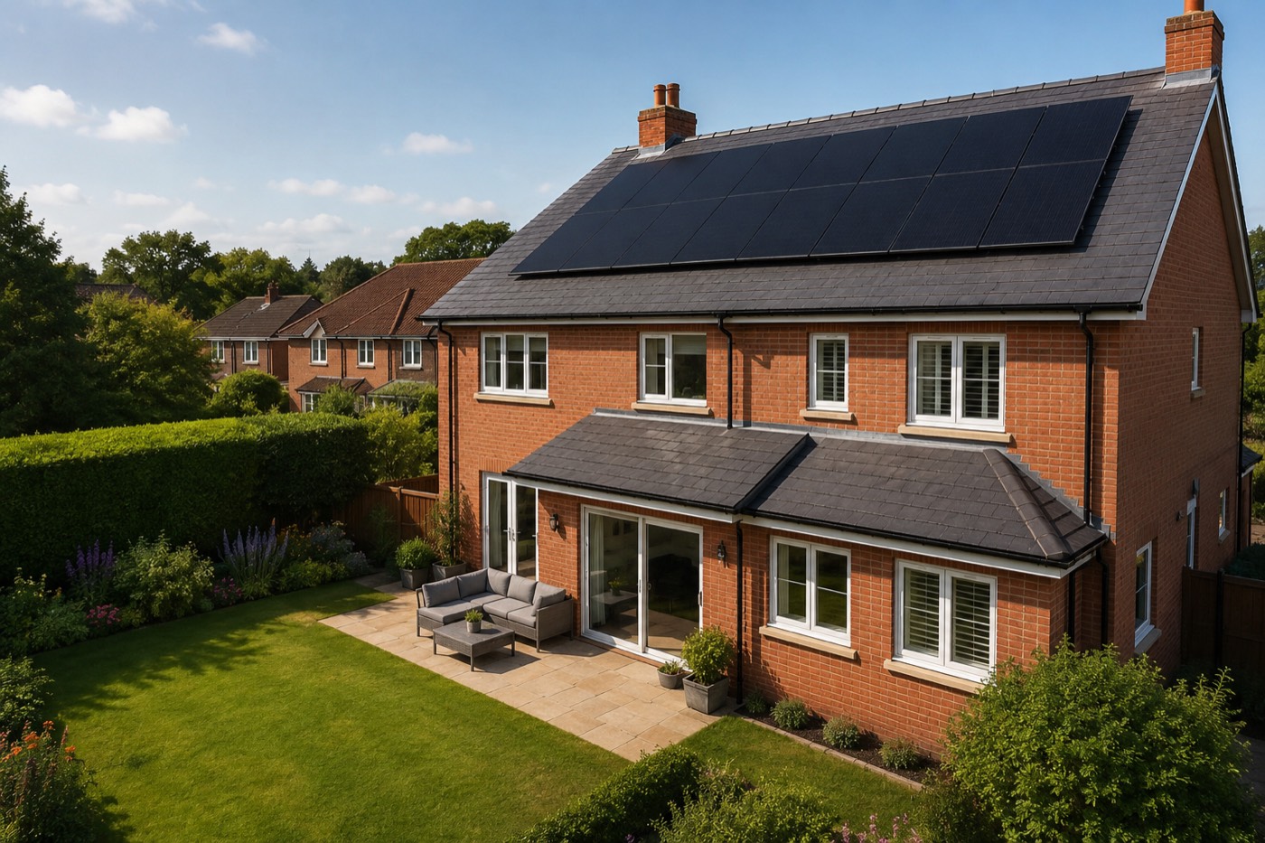 Solar panels fitted to the roof of a UK family home on a bright day