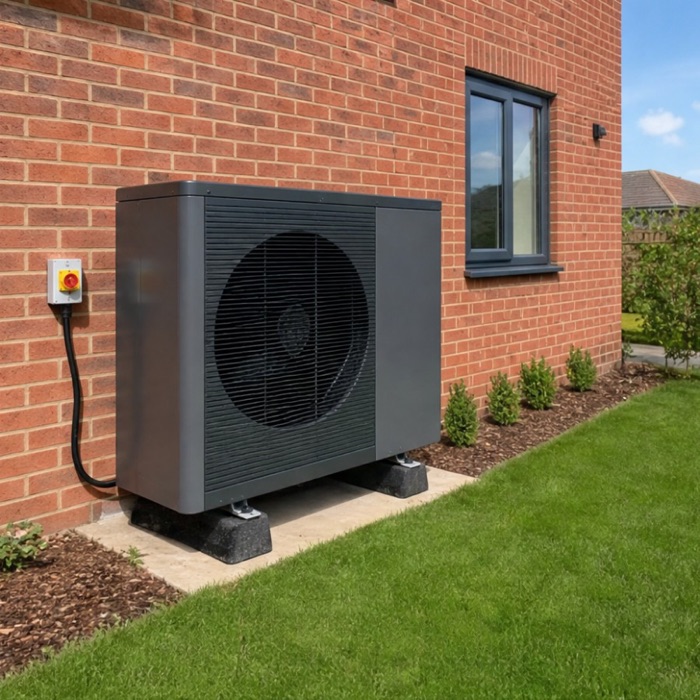 Air source heat pump unit outside a UK home during a warm, sunny summer day
