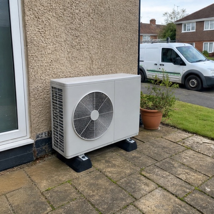 A vetted local MCS-certified heat pump installer with a branded work van outside a UK home